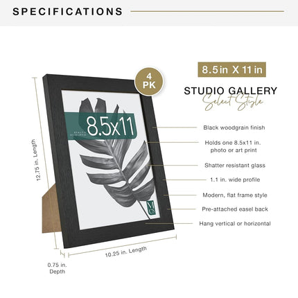 MCS Studio Gallery 8.5x11 Picture Frame Black Woodgrain, Rectangle Photo Frame for Photos, Posters & Art Prints & Easel for Tapletop Display (4-Pack)
