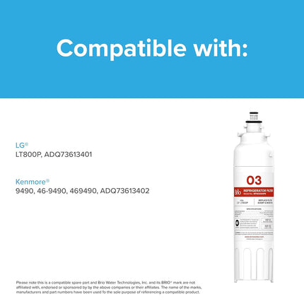 Brio LT800P & ADQ73613401 Water Filter Replacement for LG LT800p, ADQ73613402, ADQ73613408, ADQ75795104, Kenmore 46-9490, LSXS26326S, LMXC23746S, LMXC23746D, NSF 42, 53, 372, & 401 (3 Pack)