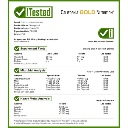 California Gold Nutrition CollagenUP®, Hydrolyzed Marine Collagen Peptides with Hyaluronic Acid and Vitamin C, Unflavored, 1.02 lb (464 g)