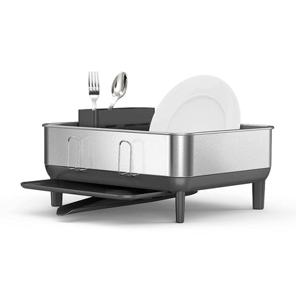 simplehuman Compact Steel Frame Dish Rack, Kitchen Drainer, 360º Swivel Spout, Wine Glass & Cutlery Holder, Grey with Brushed Stainless Steel, W 38.0cm x H 19.0cm x D 39.4cm, KT1184DC