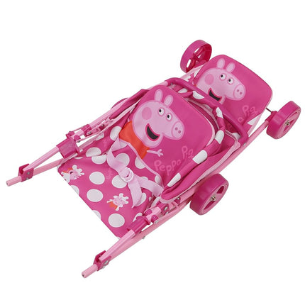 Peppa Pig: Doll Twin Stroller - Pink & White Dots - Fits Dolls Up to 24", Retractable Canopy, Easy to Fold for Storage & Travel, for Dolls Plushes & Stuffed Animals, Pretend Play for Kids Ages 3+