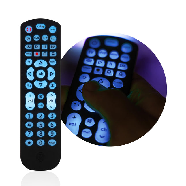Control remoto universal GE para Samsung, Vizio, LG, Sony, Sharp, Roku, Apple TV, TCL, Smart TV, reproductor de streaming, reproductor de Blu-Ray, reproductor de DVD, programación sencilla, 4 dispositivos, negro, 40081