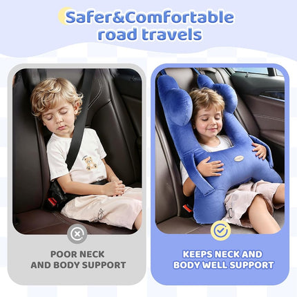 FLORICH Almohada de viaje para niños, almohada de viaje para dormir en coche para niños, almohada lavable en forma de H para adultos y niños para apoyar la cabeza y el cuerpo en viajes por carretera (azul)