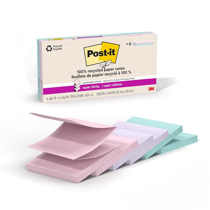 Post-it 100% Recycled Paper Super Sticky Notes, 2X The Sticking Power, 3x3 in, 6 Pads/Pack, 70 Sheets/Pad, Wanderlust Pastels Collection (R330R-6SSNRP)