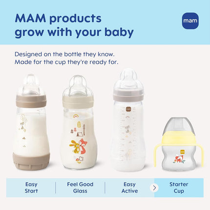 Vaso de iniciación MAM (1 unidad), vaso entrenador, vaso para beber con boquilla antisalpicaduras extrasuave y asas antideslizantes, para niños de más de 4 meses, cinco onzas, azul