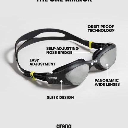 ARENA The One Mirror Unisex Adult Swim Goggles, Swimming Goggles with Wide Mirrored Lenses, Anti-Fog Treatment, UV Protection, Self-Adjusting Nose Bridge, Orbit-Proof Seals