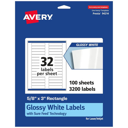 Avery Glossy White Rectangle Labels with Sure Feed, 5/8" x 3", 3,200 Glossy White Labels, Permanent Label Adhesive, Laser/Inkjet Printable Labels