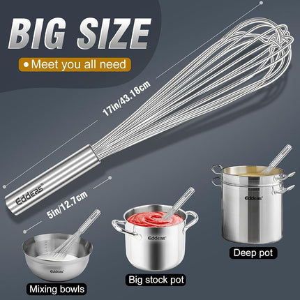 Eddeas 17in/43cm Extra Large Whisk,5Ib Heavy Duty Whisk, 2.4mm Wire Whisk Suitable for Mixing Thick batter and Large batch soup.Not suitable for individual small batch production(Silver)