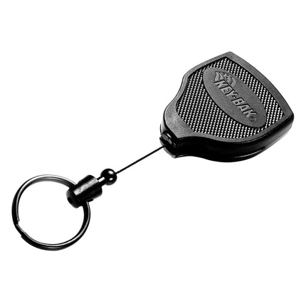 Llavero retráctil con seguro KEY-BAK SUPER48 SD de 368 g, cable retráctil de 91 cm, carcasa de policarbonato negra, presilla de cuero para el cinturón de servicio, aro dividido extragrande