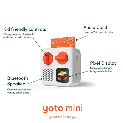 Yoto Mini (Édition 2024) + Pack Disney Pixar – Lecteur audio Bluetooth sans écran pour enfants, appareil de voyage tout-en-un pour histoires, musique, podcasts, radio, bruit blanc, utilisable comme enceinte ou avec des écouteurs