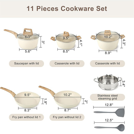FAB&DELUXE Nonstick Cookware Set,11 Pcs Nonstick Pots and Pans, Aluminum Cooking Set with Lids & Wooden Handles, Non-Toxic Healthy Kitchen Cookware Sets, Silicone Spoons & Spatulas, PFAS & PFOA Free