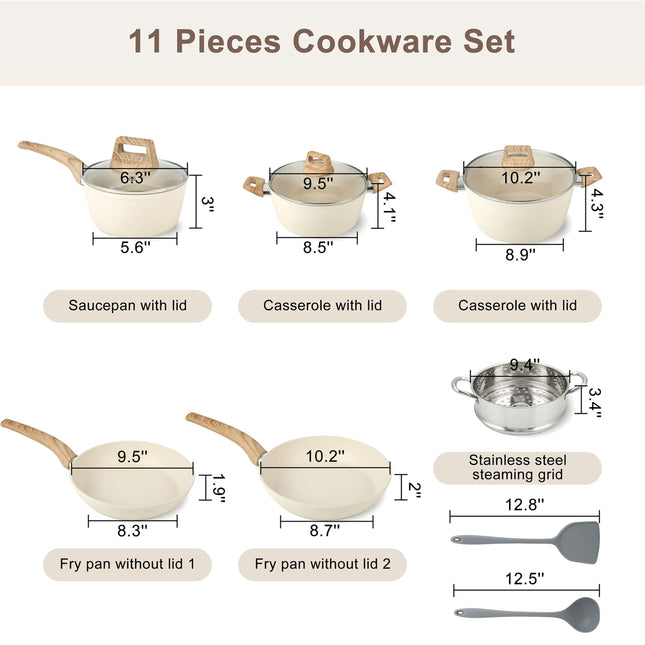 FAB&DELUXE Nonstick Cookware Set,11 Pcs Nonstick Pots and Pans, Aluminum Cooking Set with Lids & Wooden Handles, Non-Toxic Healthy Kitchen Cookware Sets, Silicone Spoons & Spatulas, PFAS & PFOA Free