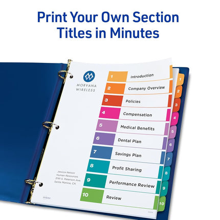 Avery 10-Tab Dividers for 3 Ring Binders, Customizable Table of Contents, Multicolor Tabs, 3 Sets (11072)