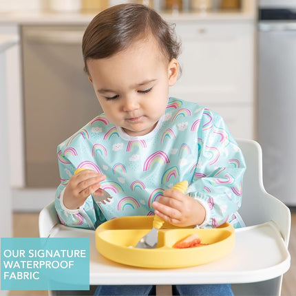 Bumkins Sleeved Bib, Handy Tie Closure for Custom Fit, Catch-All Pocket, Baby-Led Weaning, Waterproof, Machine Washable, Stain & Odour Resistant, BPA Free, 6-24 Months, Rainbow Design