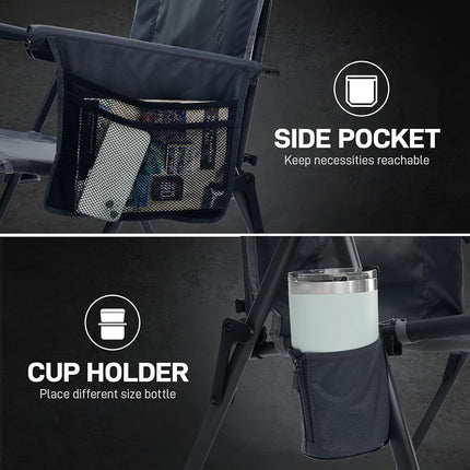 EVER ADVANCED Luxury Camping Chair Folding for Adults Heavy Duty 350lbs, Garden Chair Reclining Padded with Cup Holder Side Pocket, Foldable with 4-Position Adjustable Back, Grey