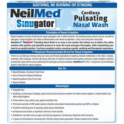 Irrigateur nasal pulsatile sans fil NeilMed Sinugator (double vitesse) avec 30 sachets prémélangés et 3 piles AA - Noir