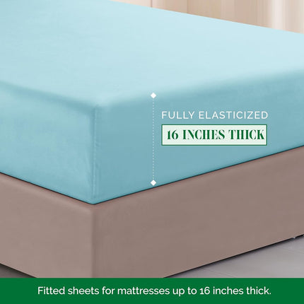 Elegant Comfort Luxurious 1500 Premium Hotel Quality Microfiber Three Line Embroidered Softest 4-Piece Bed Sheet Set, Wrinkle and Fade Resistant, Queen, Aqua Blue