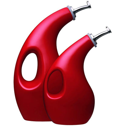 Rachael Ray Solid Glaze Ceramics EVOO Olive Oil Bottle Dispenser with Spout Set, 2 Piece, Red