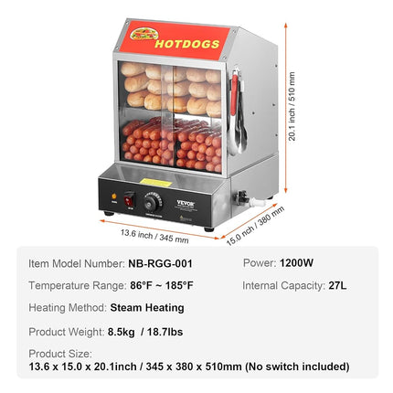 VEVOR Hot Dog Steamer, 28.5QT, 2-Tier Hot Dog Hut Steamer, 86℉~185℉ Temperature Control, Electric Bun Warmer with Tempered Glass Slide Doors Partition Plate Tong, Stainless Steel, for Hot Dogs & Buns