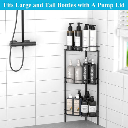 HuggieGems 3 Tier Floor Standing Corner Shower Caddy Organizer Shelf with Hooks, Bathroom Shelves Stand Rack, Black