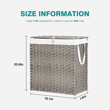 DUMOS Wicker Laundry Basket with Lid, 110L Woven Laundry Hamper with Handles, Foldable Rattan Clothes Hamper with Removable Liner & Sturdy Steel Frame, Gray