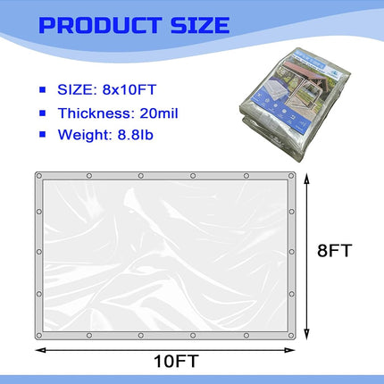 LTCANOPY Clear Tarp 8 x 10FT, 20 Mil Clear Vinyl Tarp, Small Cover Clear Plastic Sheeting with Grommets, Double-Stitched Reinforced Edges, Heavy Duty Tarps Waterproof and Tearproof