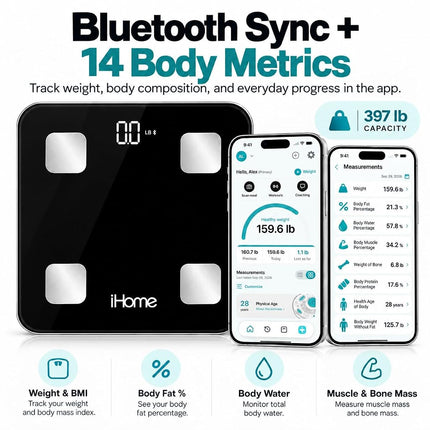 iHome Digital Bluetooth Smart Scale for Body Weight, Weight Scale with 14 Indicators, Including BMI, Body Fat, Muscle Mass, Batteries Included (Black Smart Bluetooth)