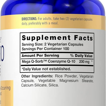 CoQ10 200mg | 200 Capsules | Mega Q-Sorb Coenzyme Q-10 | Vegetarian, Non-GMO, Gluten Free | by Carlyle