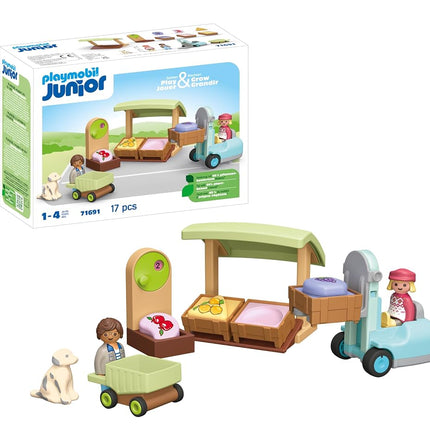 Playmobil 71691 JUNIOR: Organic Market Stall and Forklift, educational toy, made from over 90% plant-based plastics, fun imaginative role-play, playset suitable for children ages 1+