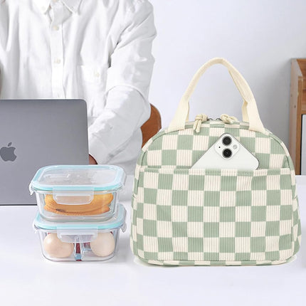 Corduroy Lunch Box for Women Girls, Cooler Lunch Bags Reusable Insulated Lunchbox for Picnic School Work Travel (Checkered Green)