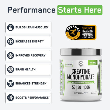 SteelFit Creapure Creatine Monohydrate Powder - German Micronized Creatine Powder for Men & Women - Gym Workout Nutritional Supplements for Muscle Gain, Brain Health & Strength Building, 30 Servings