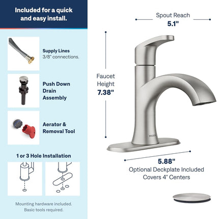 Moen Karis One-Handle Bathroom Sink Faucet, One Hole Lavatory Faucet with Drain Assembly and Optional Deck Plate, Spot Resist Brushed Nickel, 84346SRN