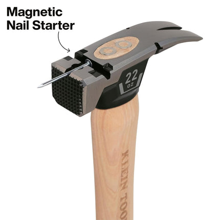 Klein Tools H80922H Milled Face Framing Hammer with Straight Claw, 22-Ounce Forged Steel, Hickory Handle, California Framing Style, Magnetic Nail Starter, and Extra-Large Squared Strike Face