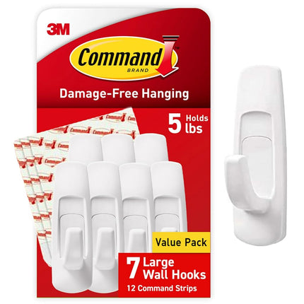 Command Large Utility Hooks, Damage Free Hanging Wall Hooks with Adhesive Strips, No Tools Wall Hooks for Hanging Back to School Dorm Organizers, 7 White Hooks and 12 Command Strips