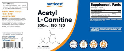 Nutricost Acetyl L-Carnitine 500mg, 180 Capsules - Non-GMO and Gluten Free
