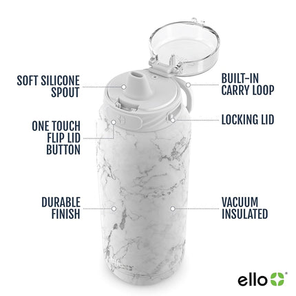 Ello Cooper 22oz Stainless Steel Water Bottle with Straw and Carry Handle, Double Walled and Vacuum Insulated Metal, Leak Proof Locking Lid with Soft Silicone Spout, Reusable, BPA Free, White Marble