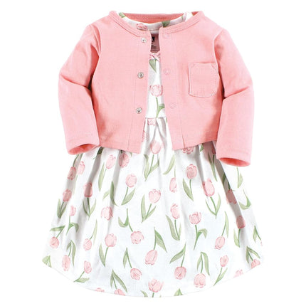 Hudson Baby Baby Girls' Cotton Dress and Cardigan Set, Pink Tulips, 6-9 Months