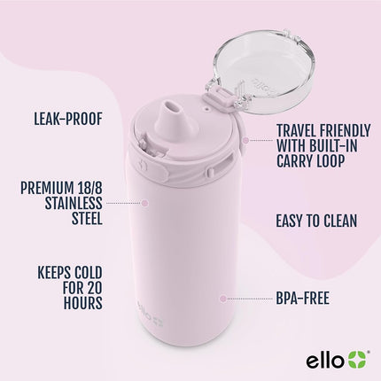 Ello Cooper Botella de Agua de Acero Inoxidable de 530 ml con Popote y Asa de Transporte, Doble Pared y Metal con Aislamiento al Vacío, Tapa Antiderrames con Boquilla de Silicona Suave, Reutilizable, Sin BPA, Rosa Cachemira