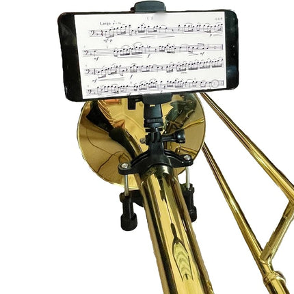 BEIIRLLA Trombone Phone Mount Lyre, Black, Adjustable 360° Rotation, Digital Sheet Music Holder for Low Brass Instruments, 0.78-2.5 Inch Pipe Diameter