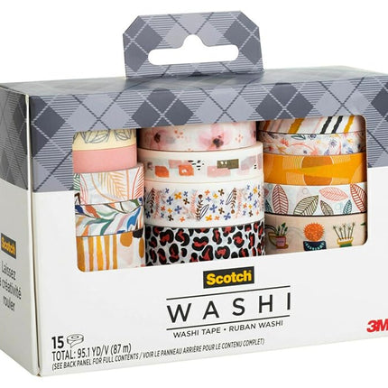 Scotch Washi Tape, Bright Colors, Assorted Patterns, 15 Rolls/Pack (C1017-15-P5)