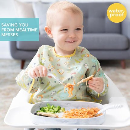 Bumkins Sleeved Bib, Handy Tie Closure for Custom Fit, Catch-All Pocket, Baby-Led Weaning, Waterproof, Machine Washable, Stain & Odour Resistant, BPA Free, 6-24 Months, Camp Gear Design