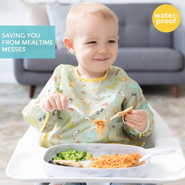 Bumkins Sleeved Bib, Handy Tie Closure for Custom Fit, Catch-All Pocket, Baby-Led Weaning, Waterproof, Machine Washable, Stain & Odour Resistant, BPA Free, 6-24 Months, Camp Gear Design