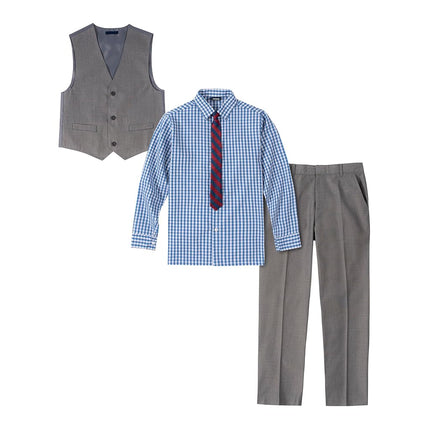 Izod Little Boys 4-Piece Formal Suit Vest Set, Medium Blue/Grey, 3T