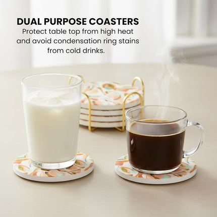 Ceramic Absorbent Coasters Set of 6 with Holder, Marble DrinkCoasters for Coffee Table, Water-Absorbing Stone Coasters (Impressions)