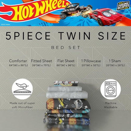 Juego de edredón y sábanas Franco con funda, microfibra, Hot Wheels, 5 piezas, tamaño individual