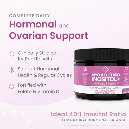 Premium Inositol Supplement - Myo-Inositol and D-Chiro Inositol Powder Plus Folate and Vitamin D - Ideal 40:1 Ratio - Hormone Balance & Healthy Ovarian Support for Women - Vitamin B8 - 30 Day Supply