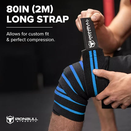 Rodilleras elásticas Iron Bull Strength (1 par) - Soporte y compresión elásticos de 80" - Para levantamiento de pesas, powerlifting, fitness, WOD de CrossFit y entrenamiento de gimnasio - Rodilleras para sentadillas (negro/azul)
