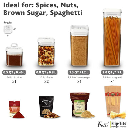 Felli Flip Tite Storage Container with Lid 4" Airtight Ring Seal Top, Stackable Acrylic Canister Jar Set for Kitchen Pantry Organizer, Food Spice Pasta Snack (5pk, Variety)