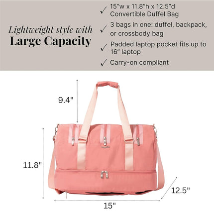 Baggallini MultiZip Convertible Duffel - Lightweight 15x12x12 Inch Travel Backpack Duffel Crossbody Bag for Women, Terracotta Color Block, One Size