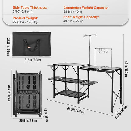VEVOR Camping Kitchen Table, One-Piece Folding Portable Cook Station with A Carrying Bag, Long Aluminum Camping Table 3 Side Tables, 2 Shelves & A Detachable Sink for Outdoor Picnics, BBQs, Camping